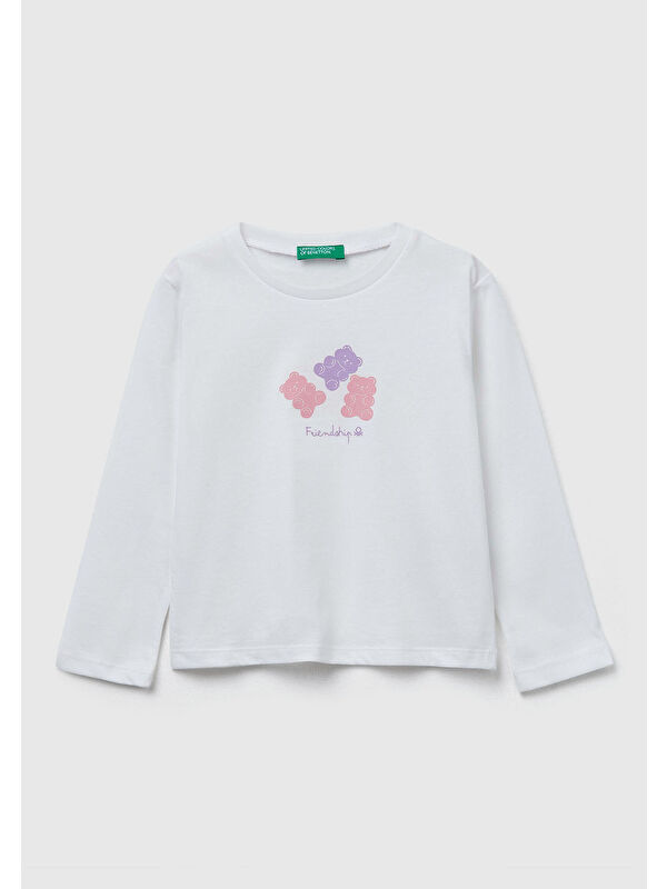 United Colors Of Benetton Kız Çocuk Krem Önü Baskılı Ribana Yakalı Regular Fit Sweatshirt