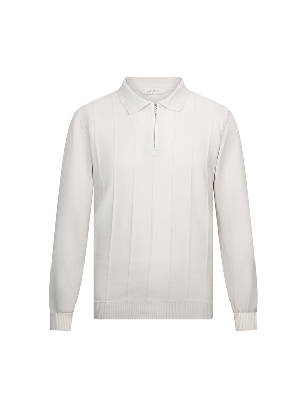Hatemoğlu Bej Regular Fit Fermuarlı Polo Yaka Rayon Triko Kazak