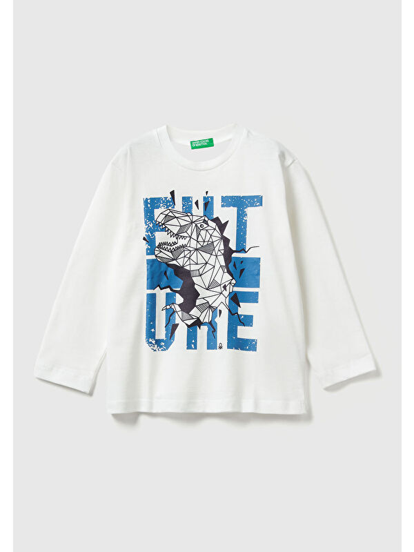 United Colors Of Benetton Erkek Çocuk Ekru Baskılı Relaxed Fit Jarse Uzun Kollu T-shirt