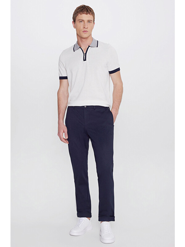 Altınyıldız Classics Erkek Lacivert Slim Fit Dar Kesim Beli Bağlamalı Yan Cepli Armürlü Casual Pantolon