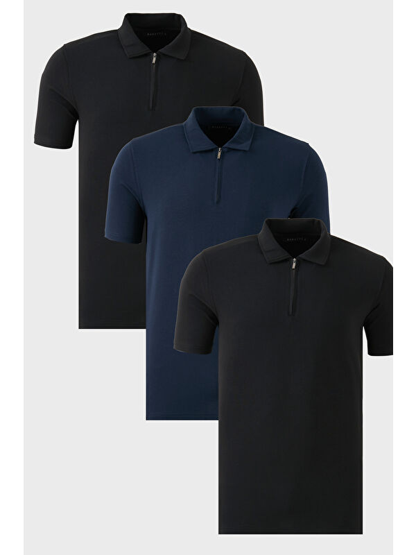 Buratti Streç Pamuklu Regular Fit Yarım Fermuarlı 3'lü Paket Polo Yaka Tişört 5902972S3