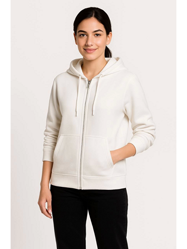 Jane's Üç İplik Kapüşonlu Tam Fermuarlı Kanguru Çepli SweatShirt Hoodie - Beyaz