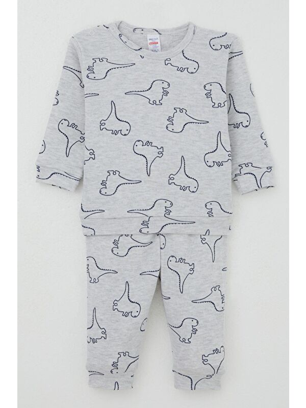 Breeze Erkek Bebek Pijama Takımı Omuzdan Patlı Sevimli Dinozor Desenli Açık Gri Melanj (4 Ay-1 Yaş)