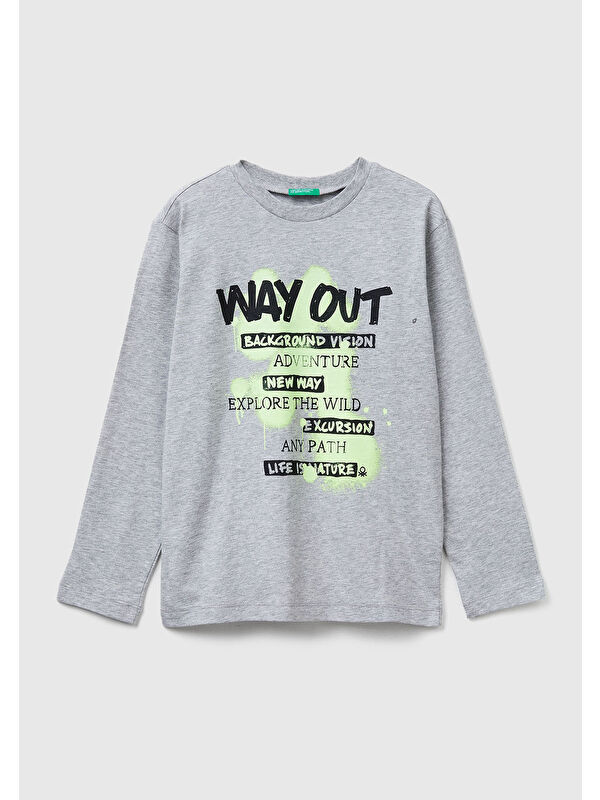 United Colors Of Benetton Erkek Çocuk Gri Melanj Önü Baskılı Bisiklet Yaka Uzun Kollu T-shirt
