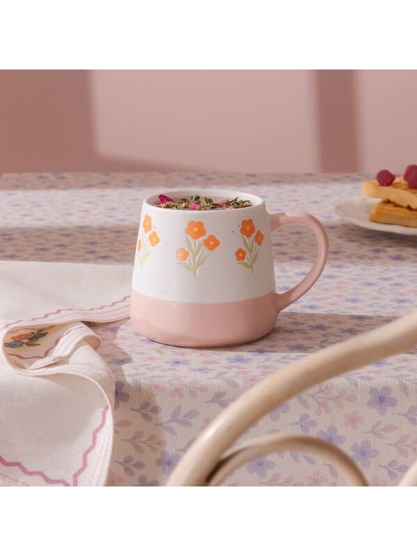Evidea Kitchen Turuncu Çiçekli Seramik Kupa - Beyaz - 500 ml