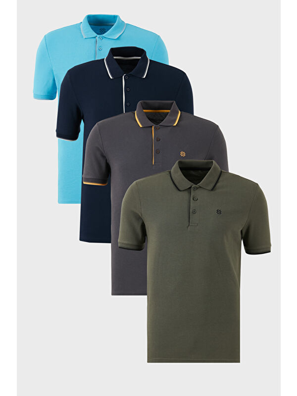 Buratti Pamuklu Slim Fit Şerit Detaylı Düğmeli Polo Yaka 4'lü Paket %100 Pamuk Tişört 5902118S4