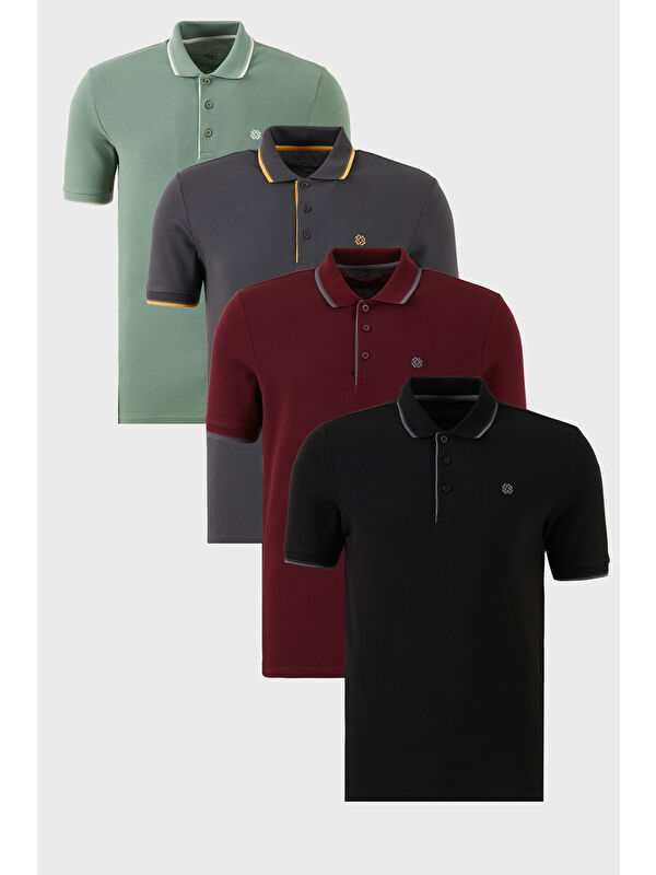 Buratti Pamuklu Slim Fit Şerit Detaylı Düğmeli Polo Yaka 4'lü Paket %100 Pamuk Tişört 5902118S4