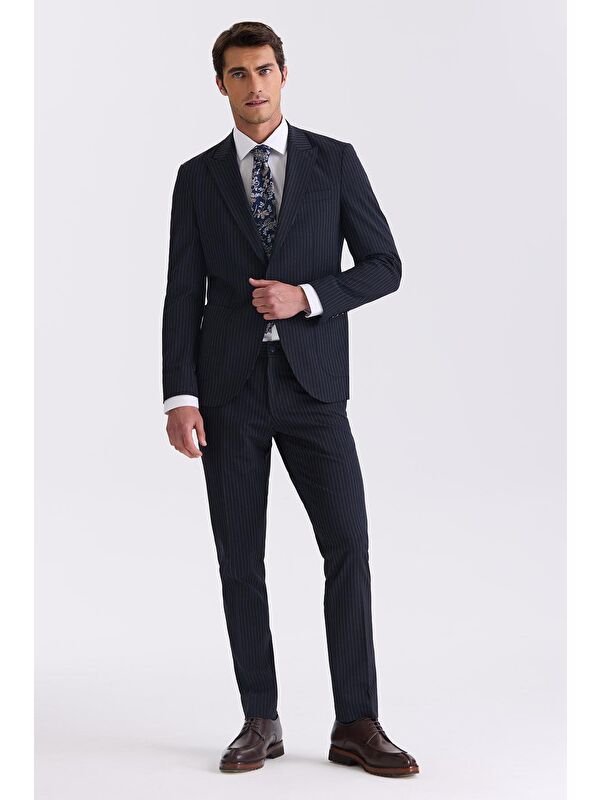 JAKAMEN Lacivert Slim Fit Sivri Yaka Strech Çizgili Jogger Takım Elbise
