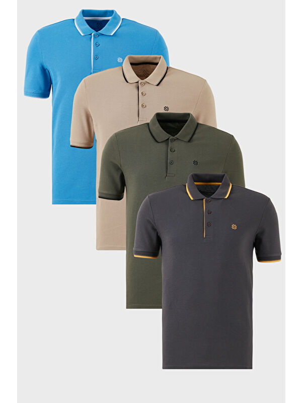 Buratti Pamuklu Slim Fit Şerit Detaylı Düğmeli Polo Yaka 4'lü Paket %100 Pamuk Tişört 5902118S4