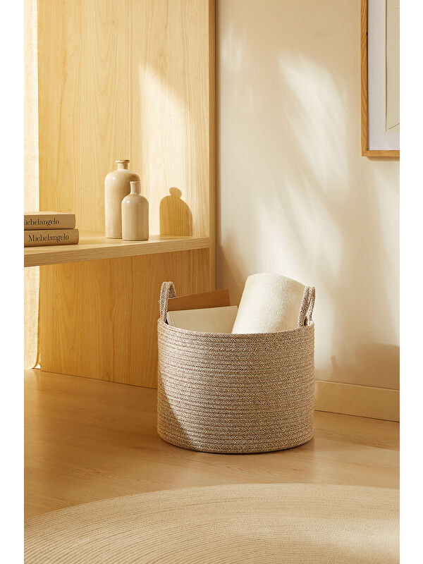 Ocean Home Textile Bej Kırçıllı Pamuklu Halat Sepet 35 x 27 cm