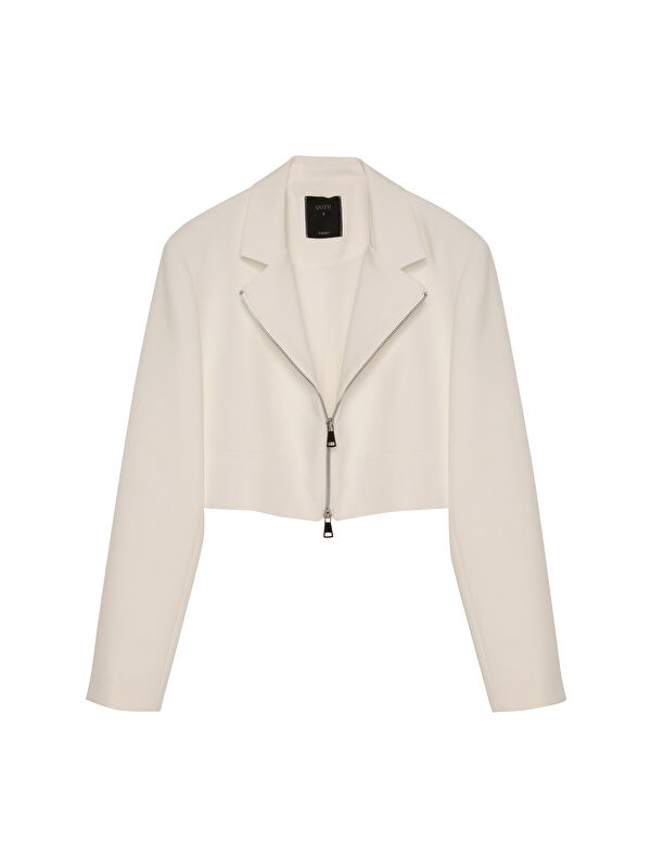 QUZU Önden Fermuarlı Crop Blazer Ceket Ekru