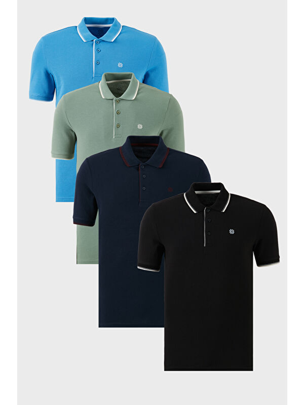Buratti Pamuklu Slim Fit Şerit Detaylı Düğmeli Polo Yaka 4'lü Paket %100 Pamuk Tişört 5902118S4