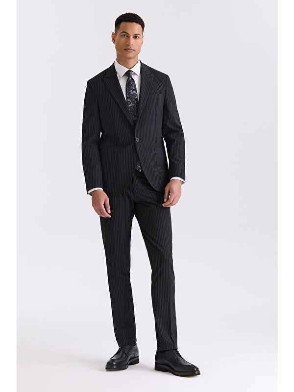 JAKAMEN Siyah Slim Fit Sivri Yaka Strech Çizgili Jogger Takım Elbise