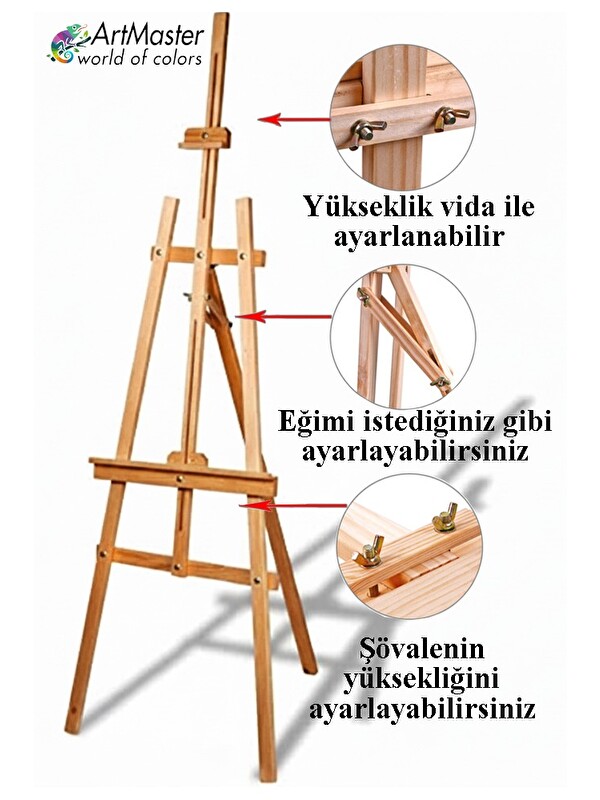 artmaster Ahşap Şövale 175 Cm 1 Adet Ahşap Çam Resim Şovelesi Ressam Sehpası Ayarlanabilir Tuval Resim Şövale