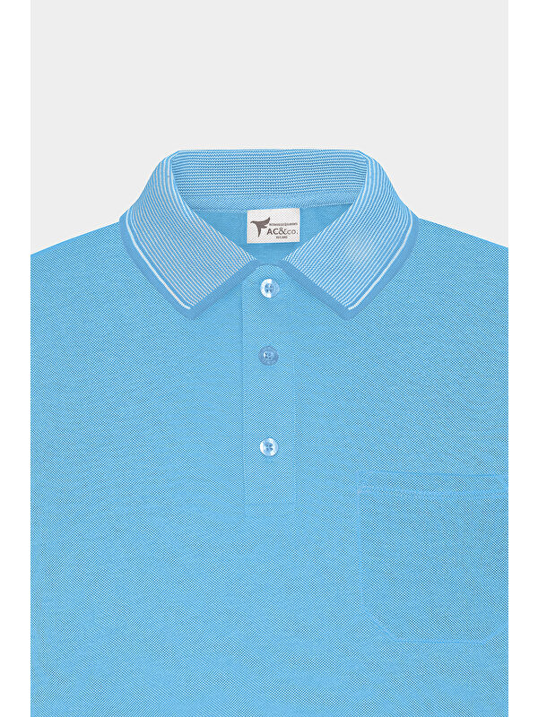 AC&Co / Altınyıldız Classics Erkek Mavi Slim Fit Dar Kesim Kıvrılmaz Polo Yaka Kısa Kollu Tişört