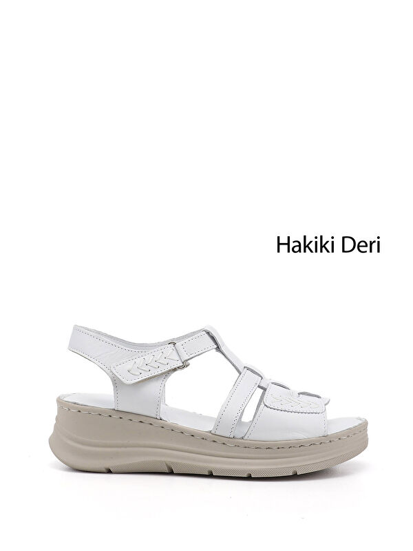 GÖNDERİ(R) Kadın CANLI BEYAZ Cırt Bantlı Dolgu Topuk Hakiki Deri Sandalet