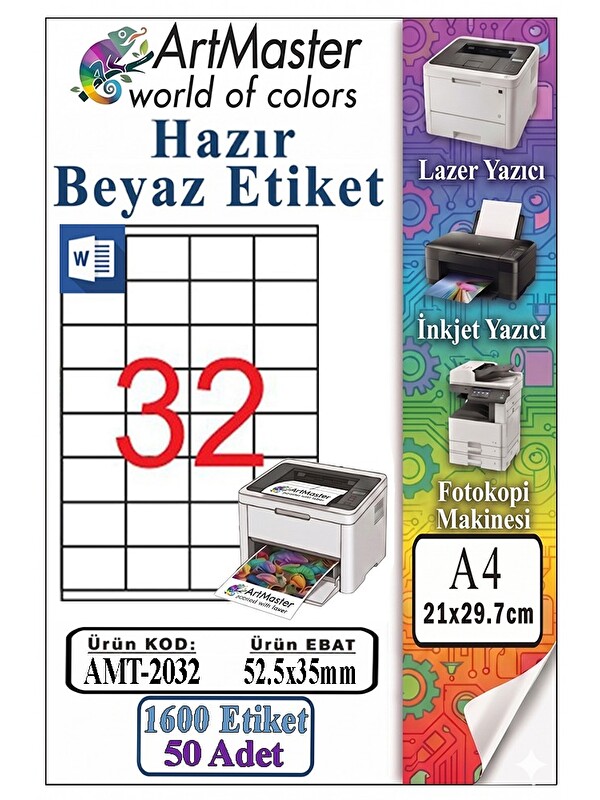 artmaster A4 Hazır Beyaz Etiket 52.5x35mm 50 Sayfa 1 Paket 32 li Kendinden Yapışkanlı Fotokopi Lazer İnkjet