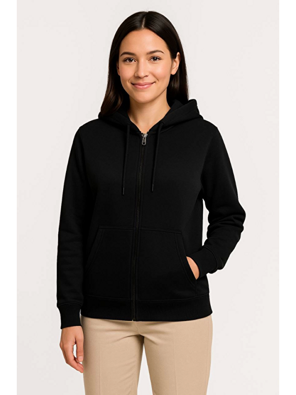 Jane's Üç İplik Kapüşonlu Tam Fermuarlı Kanguru Çepli SweatShirt Hoodie - Siyah