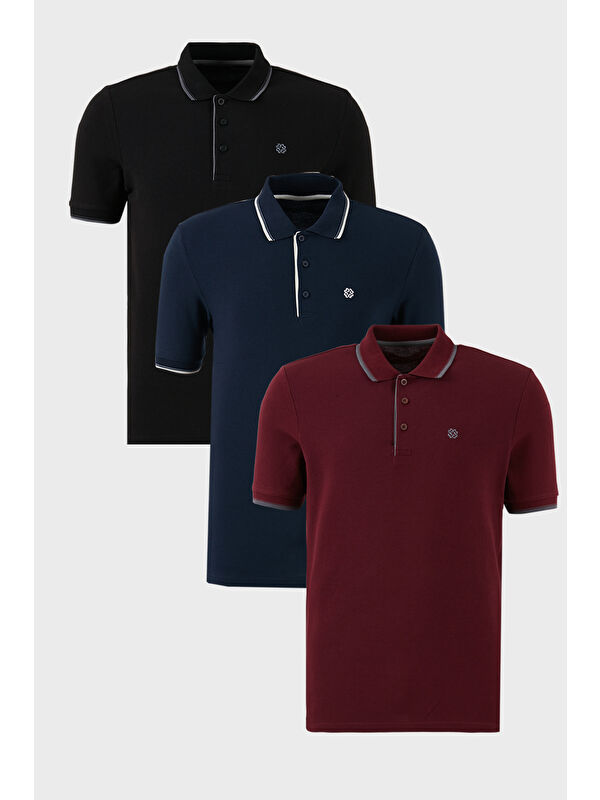 Buratti Pamuklu Slim Fit Şerit Detaylı Düğmeli Polo Yaka 3'lü Paket %100 Pamuk Tişört 5902118S3