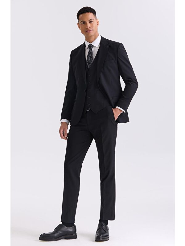 JAKAMEN Siyah Slim Fit Sivri Yaka Yelekli Yünlü Takım Elbise