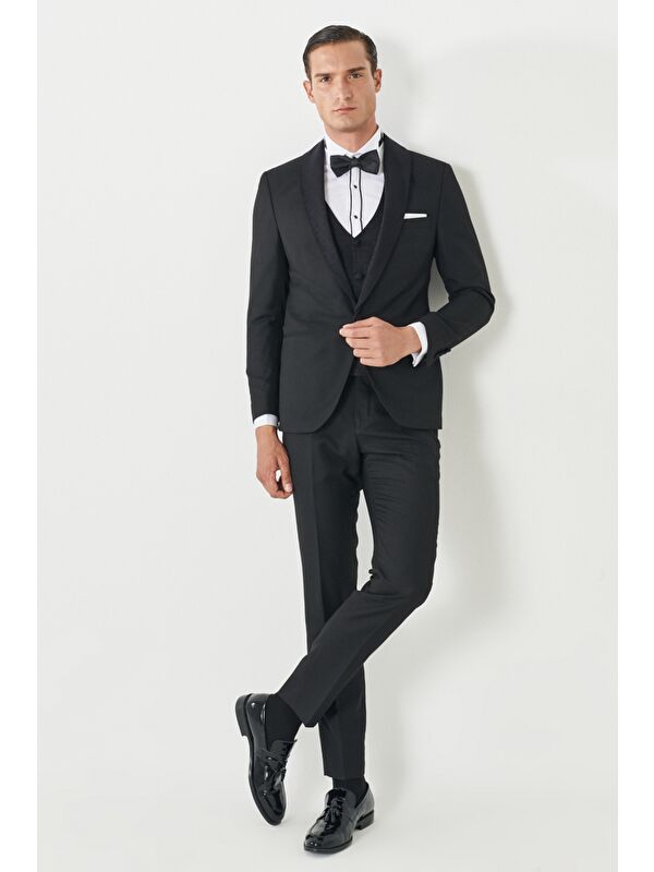 Altınyıldız Classics Erkek Siyah Ekstra Slim Fit Dar Kesim Kırlangıç Yaka Desenli Yelekli Smokin Takım
