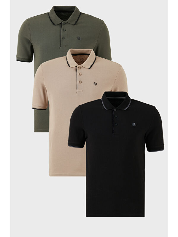 Buratti Pamuklu Slim Fit Şerit Detaylı Düğmeli Polo Yaka 3'lü Paket %100 Pamuk Tişört 5902118S3