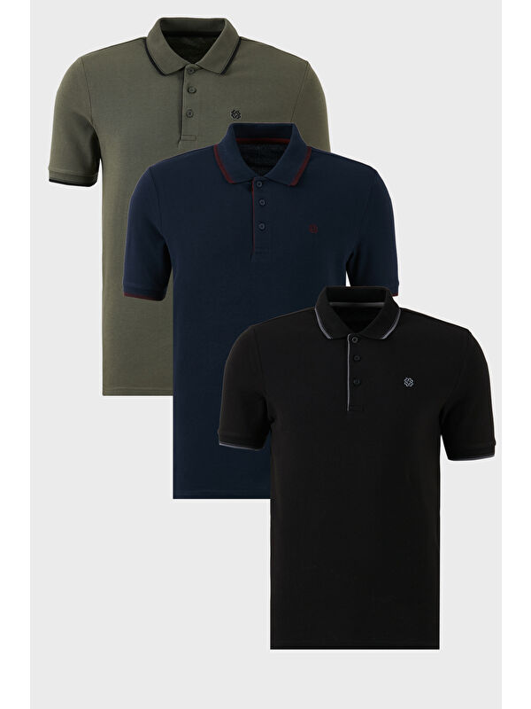 Buratti Pamuklu Slim Fit Şerit Detaylı Düğmeli Polo Yaka 3'lü Paket %100 Pamuk Tişört 5902118S3