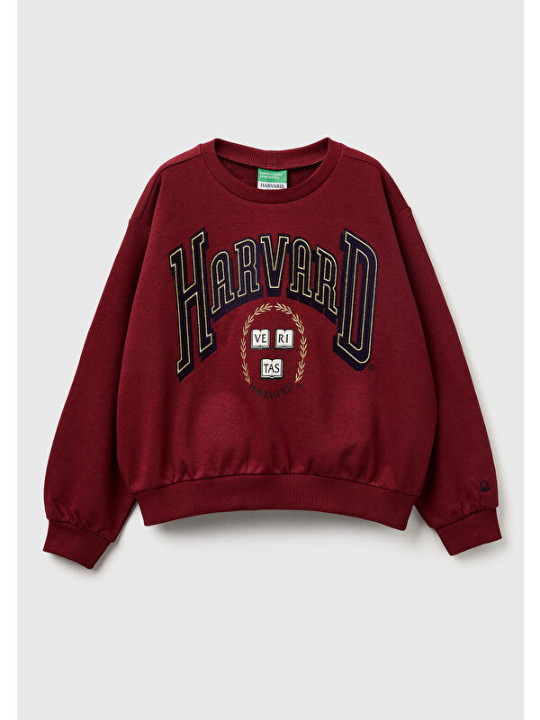 United Colors Of Benetton Kız Çocuk Bordo Önü Baskılı Logo İşlemeli Relaxed Fit Kısa Sweatshirt