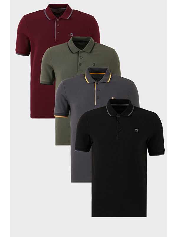 Buratti Pamuklu Slim Fit Şerit Detaylı Düğmeli Polo Yaka 4'lü Paket %100 Pamuk Tişört 5902118S4
