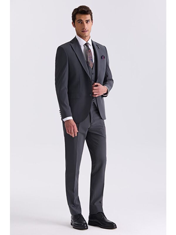 JAKAMEN Antrasit Slim Fit Mono Yaka Yelekli Takım Elbise