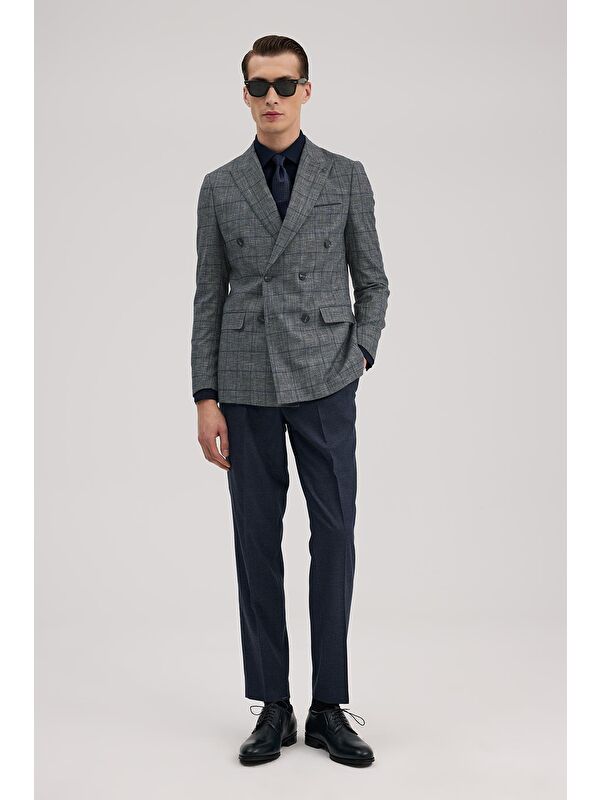 JAKAMEN Lacivert Slim Fit Kruvaze Takım Elbise