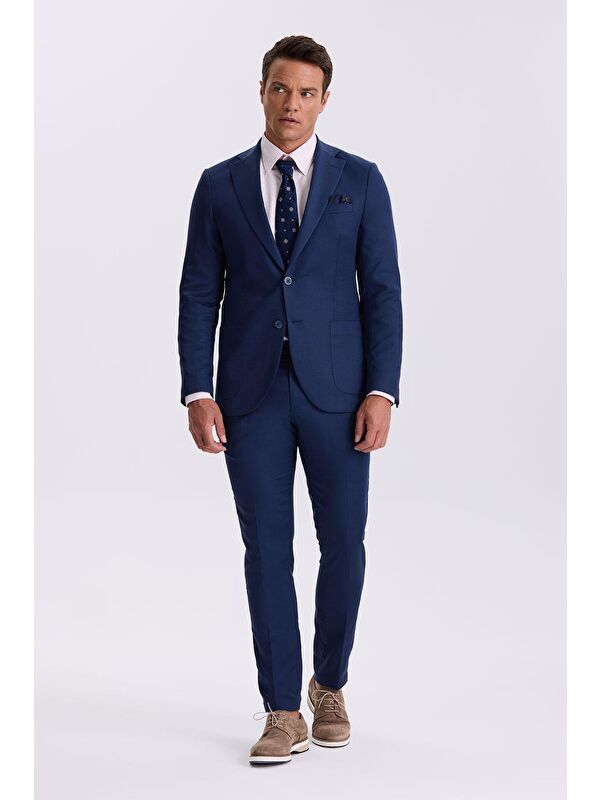 JAKAMEN Saks Slim Fit Mono Yaka Kumaş Çift Yırtmaç Torba Cepli Takım Elbise