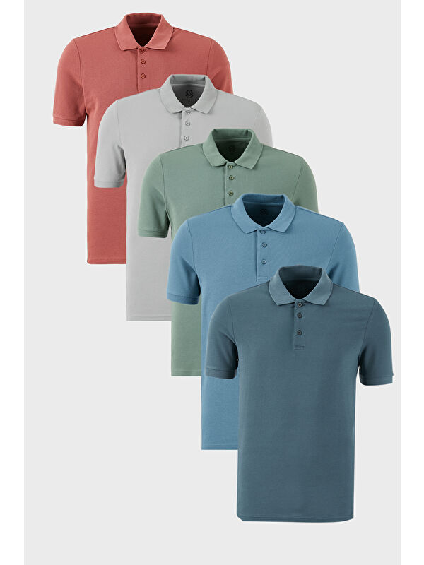Buratti Pamuklu Regular Fit Düğmeli Polo Yaka 5'li Paket %100 Pamuk Tişört 5902127S5