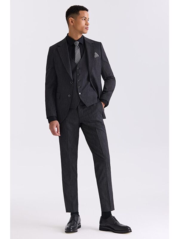 JAKAMEN Siyah Slim Fit Mono Yaka Yelekli Takım Elbise