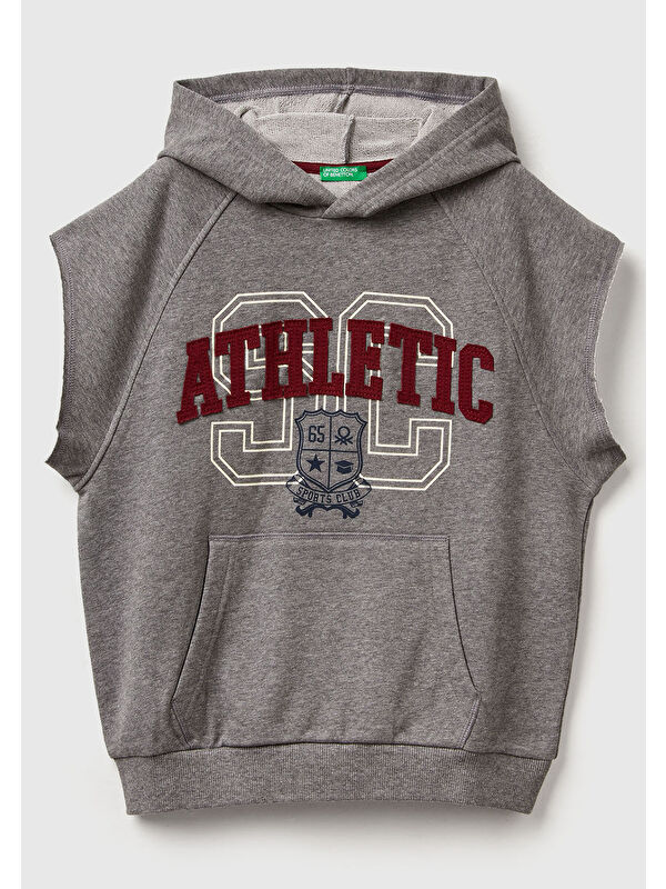 United Colors Of Benetton Erkek Çocuk Antrasit Melanj Baskılı Kese Cep Detaylı Kapüşonlu Raglan Kolsuz Sweatshirt