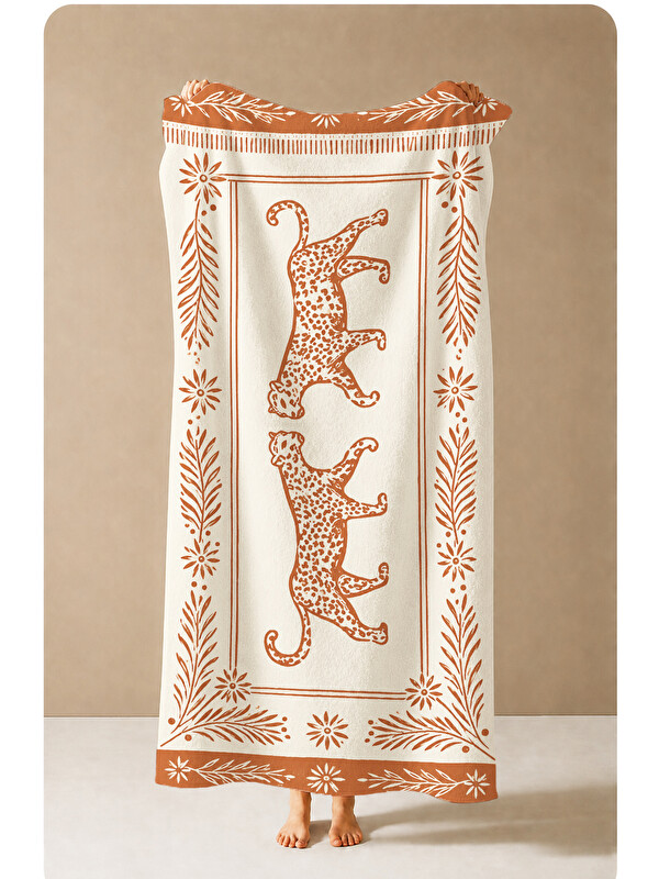 Milbay Grup Vintage Terracotta Leopar Desenli 70x150 Plaj Havlusu - Dijital Baskılı Solmaz Banyo Havlusu