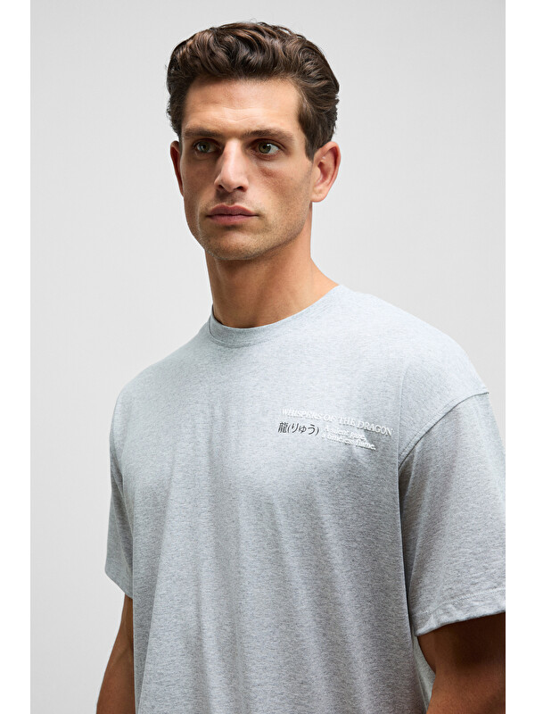 GRIMELANGE DRAGON Erkek Göğsü Ve Sırtı Baskılı %100 Organik Pamuk Oversize Fit Bisiklet Yaka GRİ MELANJ T-Shirt