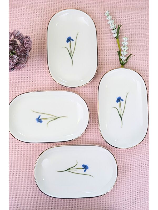 TABAK EVİ Porselen Natura İris Altın Yaldızlı Oval Kayık Tabak 22,50x14,50x2,50cm 4 LÜ