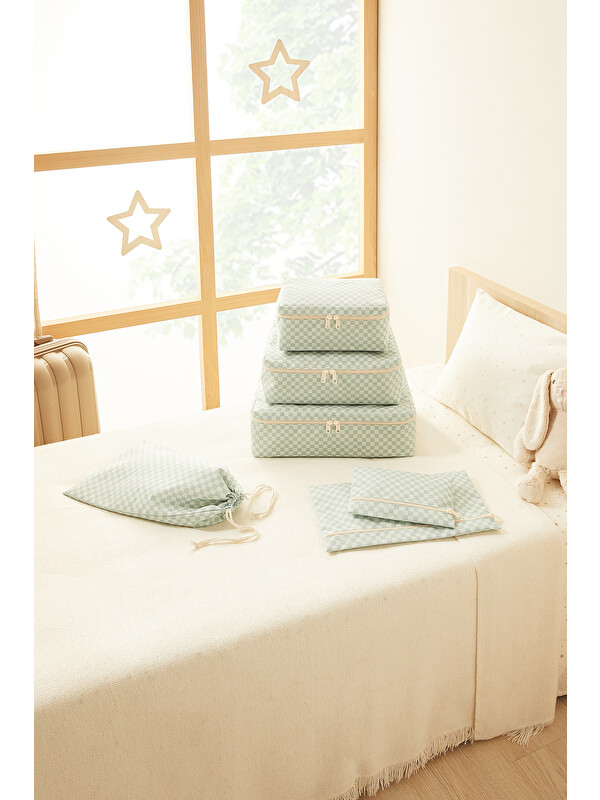 Ocean Home Textile 6'lı Mint Dama Desen Pamuklu Bavul İçi Düzenleyici Set