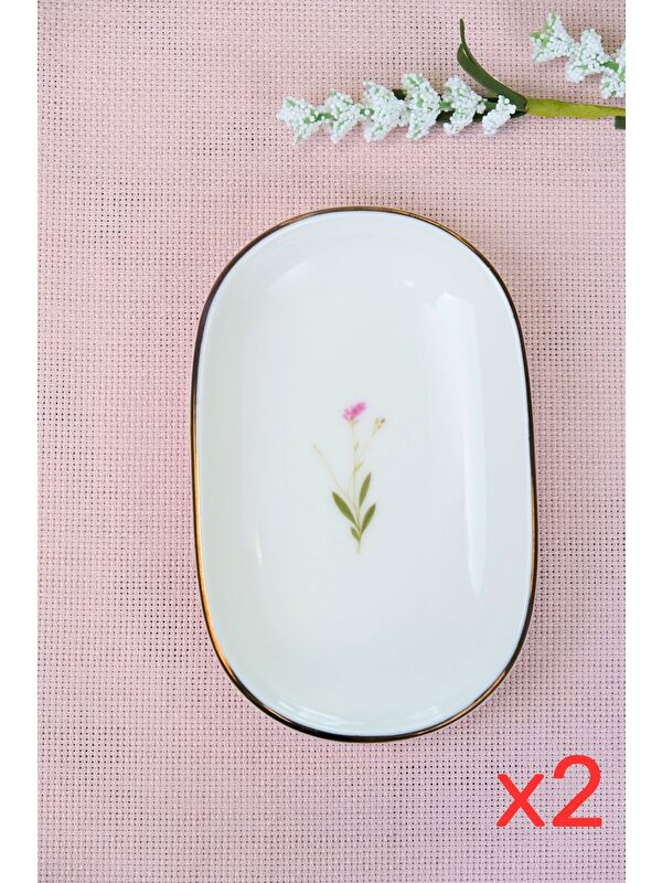 TABAK EVİ Porselen Natura Çuha Altın Yaldızlı Oval Kayık Tabak 13,50x8,50x2,50cm 2 Lİ