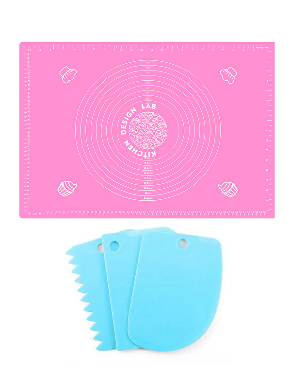 Kitchen Design Lab 2'li Set Pembe 45x65 cm Silikon Hamur Açma Matı ve Hamur Şekillendirme Seti 3’lü