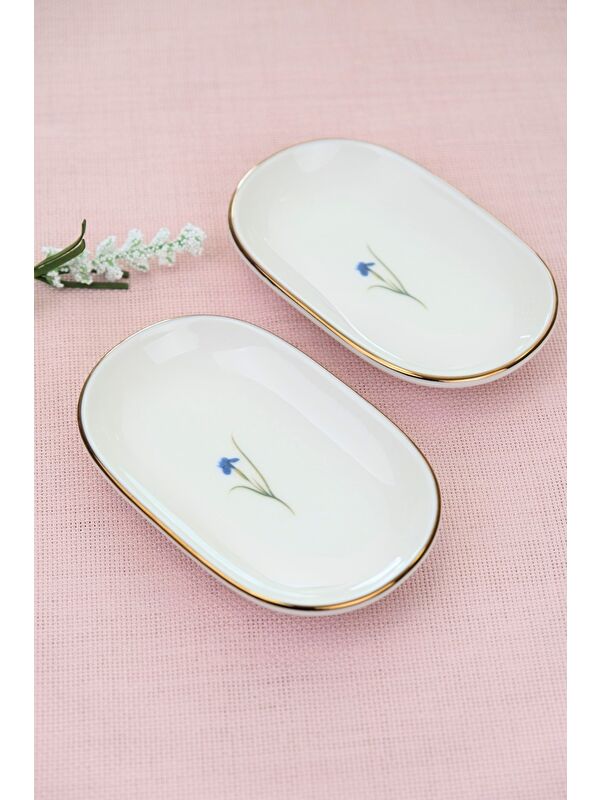 TABAK EVİ Porselen Natura İris Altın Yaldızlı Oval Kayık Tabak 13,50x8,50x2,50cm 2 Lİ