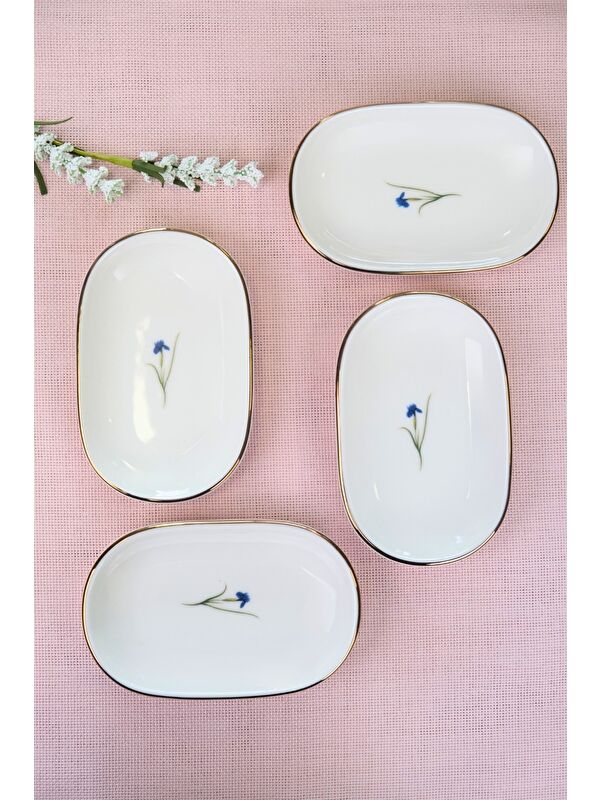 TABAK EVİ Porselen Natura İris Altın Yaldızlı Oval Kayık Tabak 13,50x8,50x2,50cm 4 LÜ