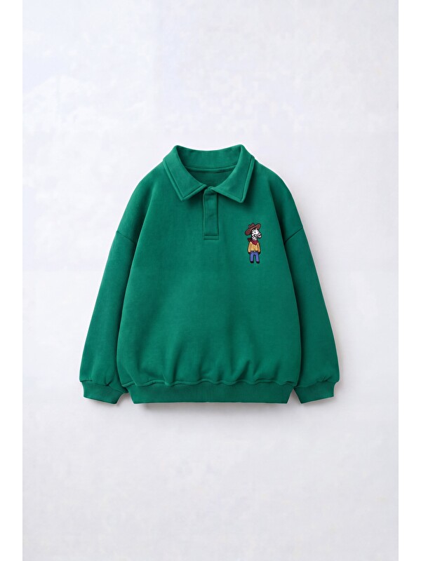 Magu Çocuk Polo Yaka Yeşil Nakış Detaylı Sweatshirt