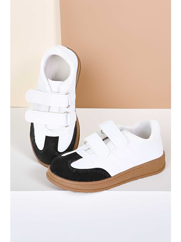 Kız Çocuk Beyaz Beyaz Siyah Çocuk Süet Detaylı Ayakkabı - 27481 - Görsel 3
