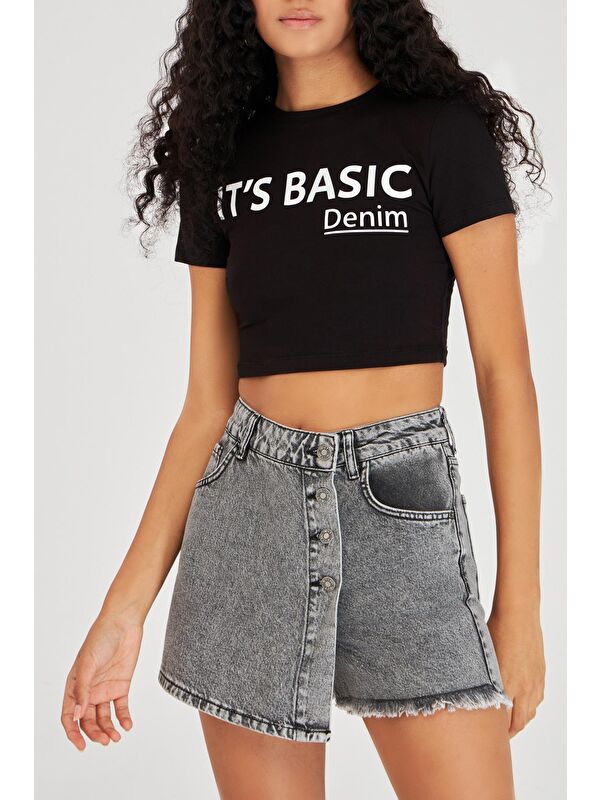 It's Basic Kadın Füme Renk Önden Düğmeli Jean Şort Etek