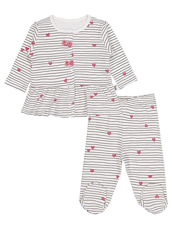 Civil Baby Çizgi Kalp Empirme 1-9 Ay Pijama Takımı - Ekru