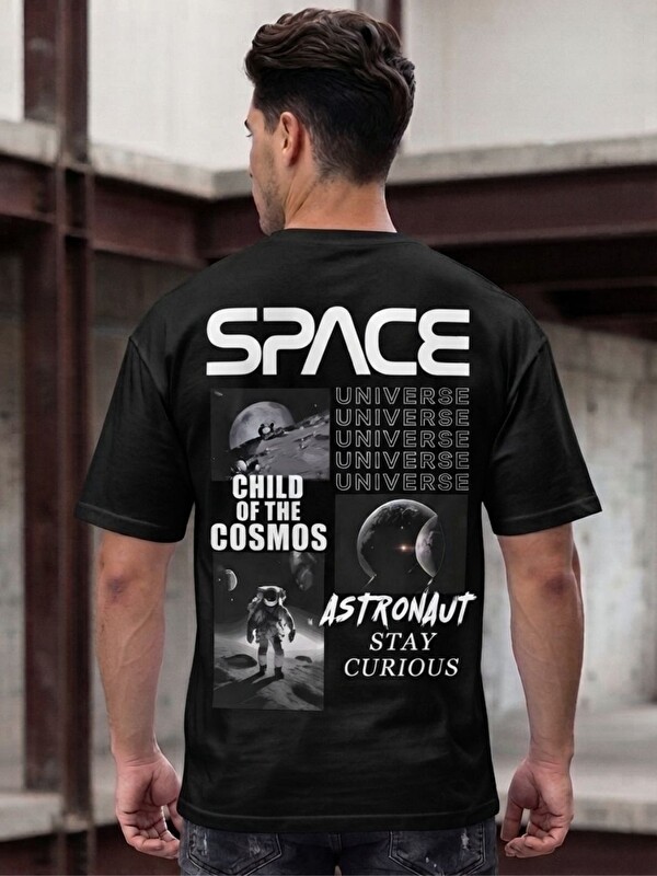 Trendseninle Erkek Siyah Space Universe Baskı Detay %100 Organik Pamuk Örme Oversize Tişört