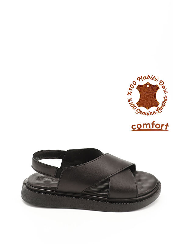 GÖNDERİ(R) Kadın ZÜMRÜT-SİYAH Çapraz Bantlı Hakiki Deri Comfort Sandalet