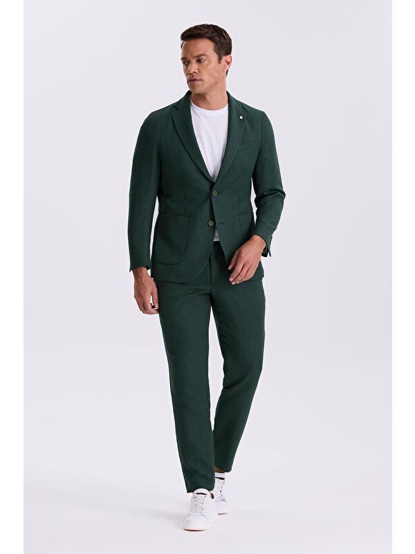 JAKAMEN Haki Slim Fit Mono Yaka Çift Yırtmaç Desenli Torba Cepli Takım Elbise